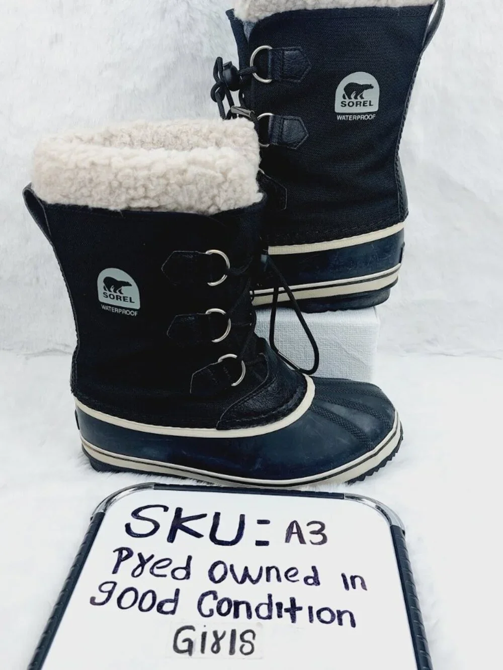 Sorel Girls Black Yoot Pac Nylon Waterproof Fur Trim Lace-Up Snow Boots Size 5